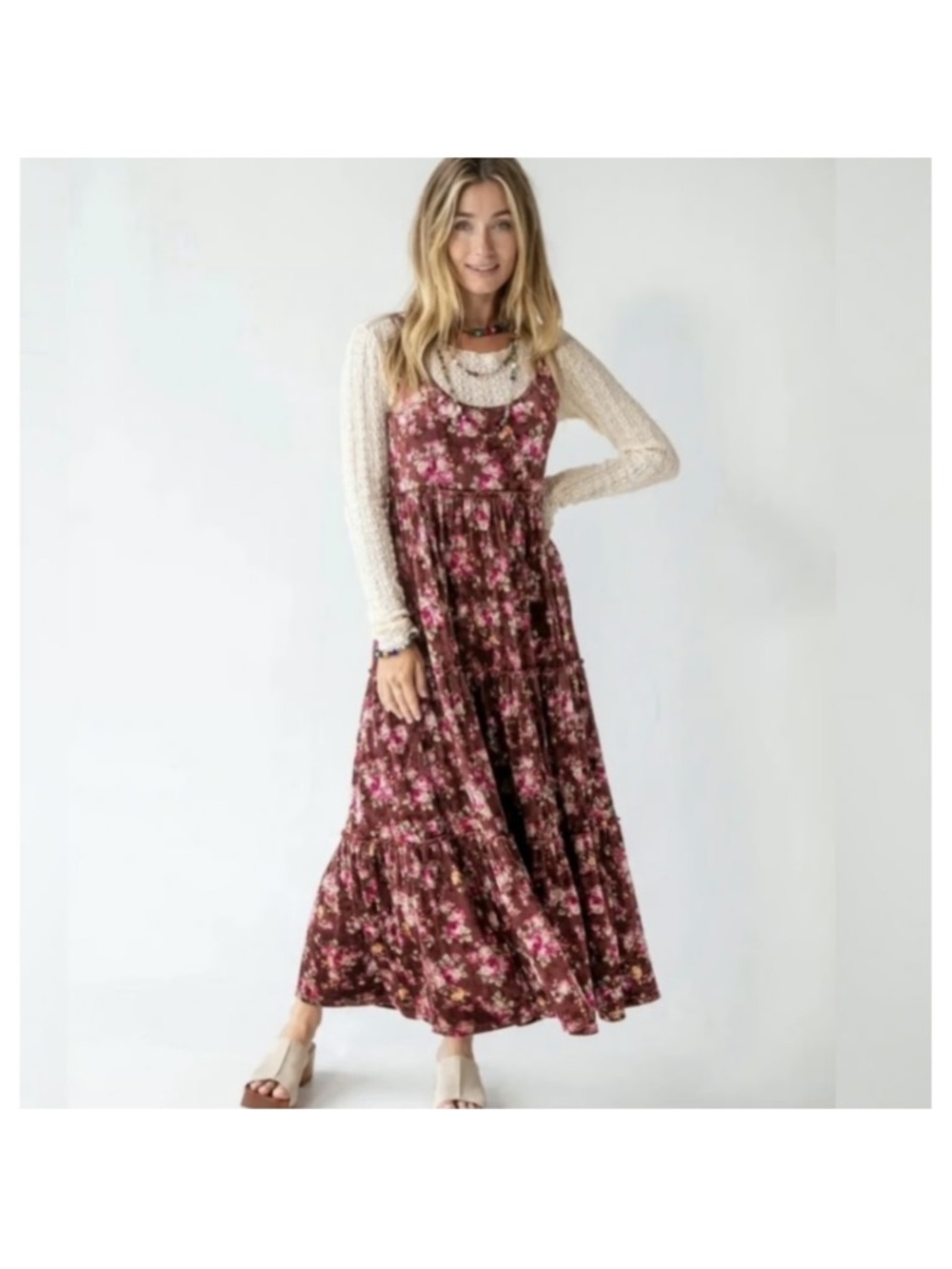 Natural Life Women's Tiered Maxi Dress Velvet Floral Boho Tank Size Medium NWT - Picture 2 of 8